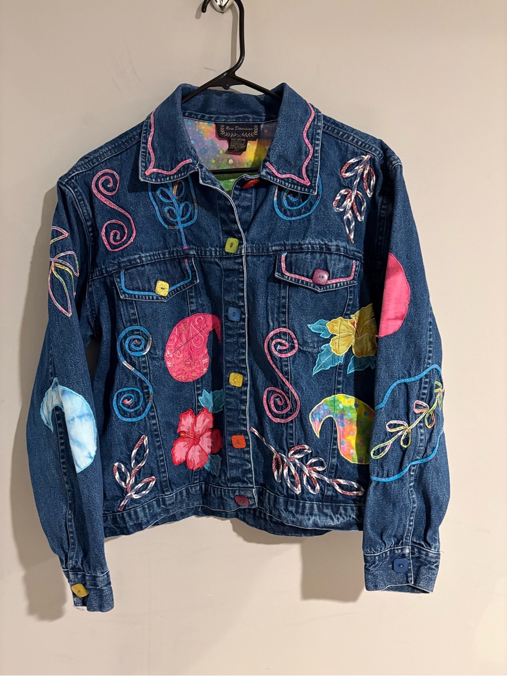 New Direction Women’s L Embellished Denim Jacket Colorful Floral Appliqué Artsy